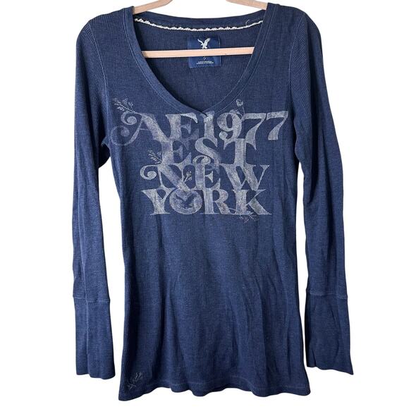 Lg Y2K VTG American Eagle Navy Ribbed Long Sleeve Tee Campus Elena Gilbert 2000s - Picture 1 of 6